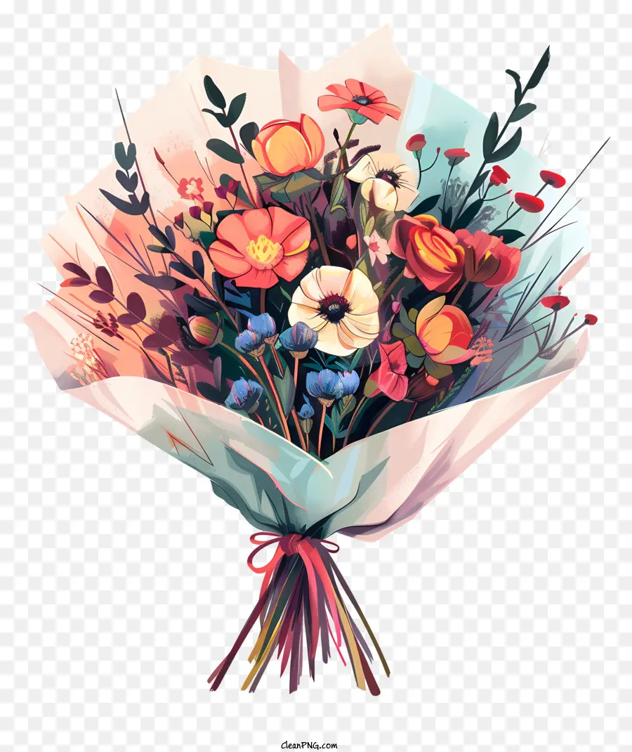 hoa hồng - Bouquet đầy màu sắc của nhiều bông hoa với ruy băng