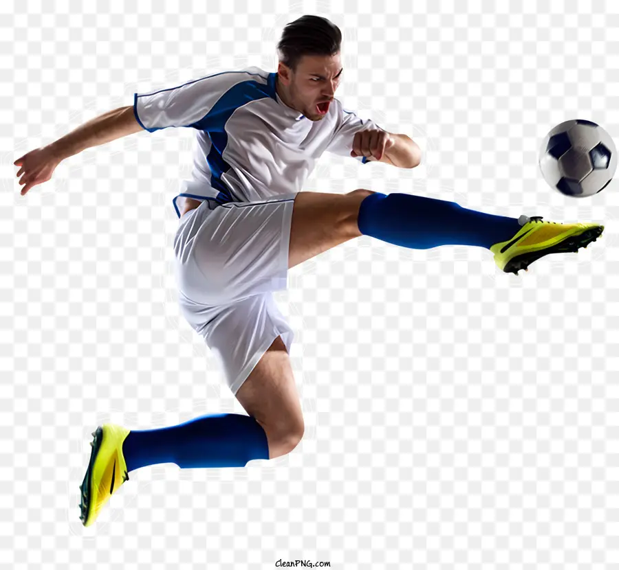 Sportfußballspieler Ball treten männlich - Männlicher Fußballspieler tritt Ball in Uniform