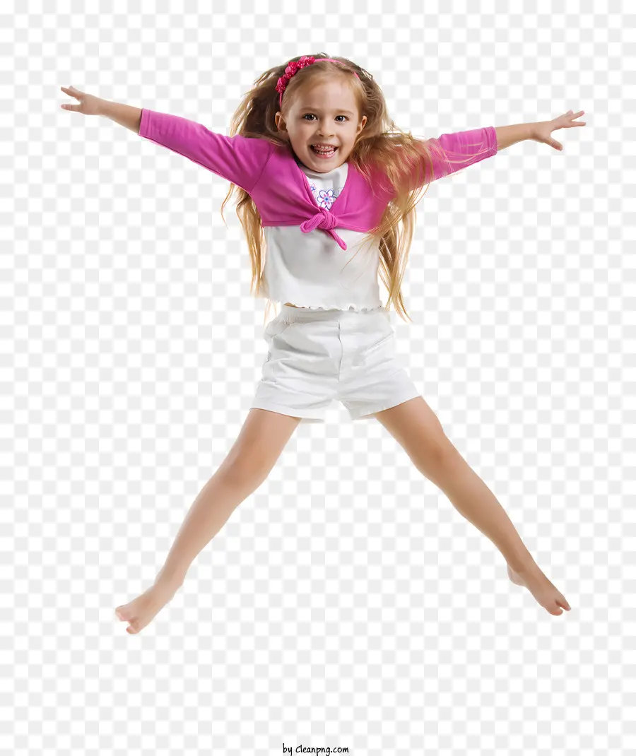 Sports Sports Bionde Hair Shorts Shorts Pink Shirt - Ragazza in bianco con braccia diffuse che sorridono
