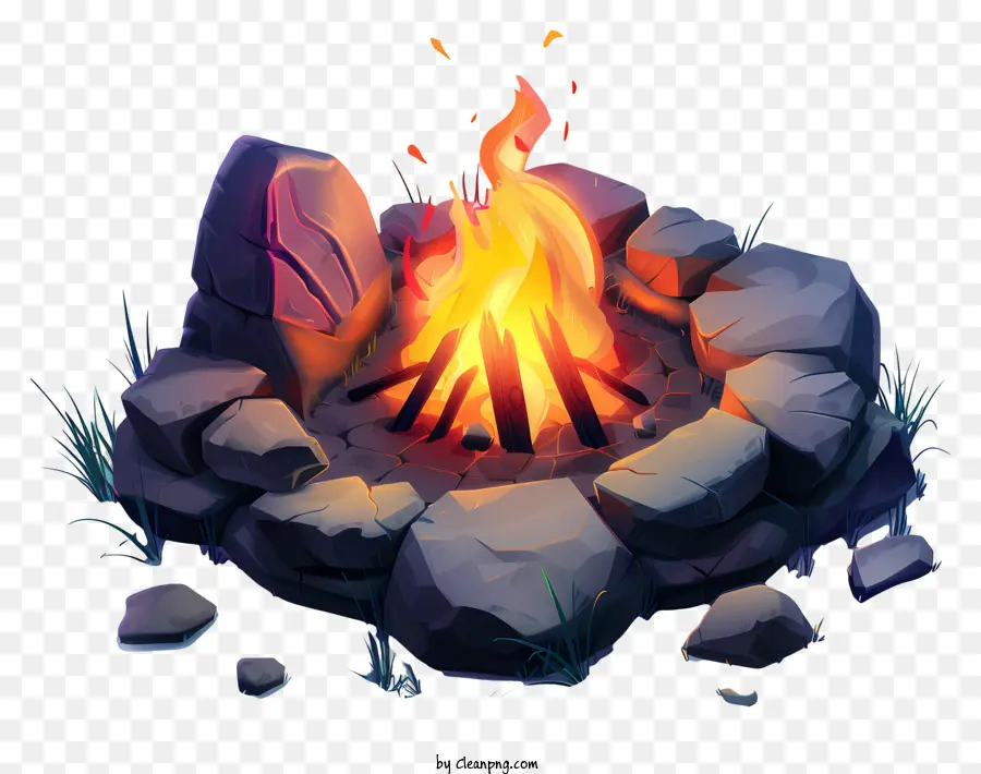 campfire small fire pit rocks grass dark background
