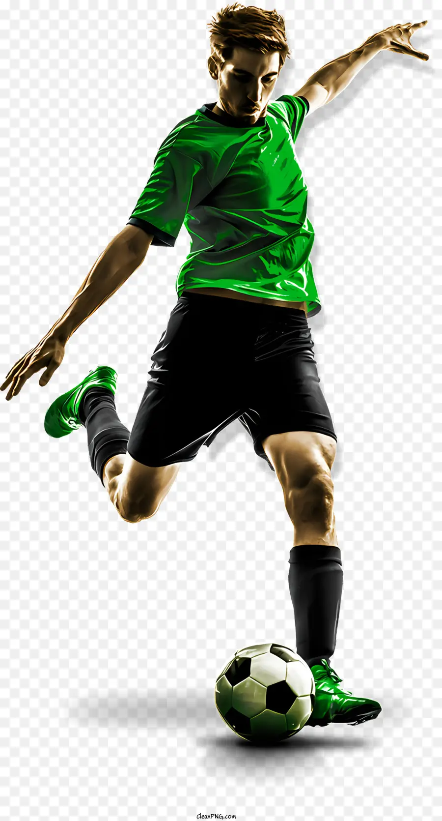 Sportfußball -Fußball Sportler - Mann tritt Fußballkugel in grünes Hemd