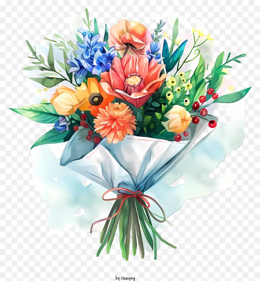 Geburtstagsstrauß Bouquet Blumen farbenfrohe Formen - Buntes Strauß in weißem Papier, Aquarellmalerei