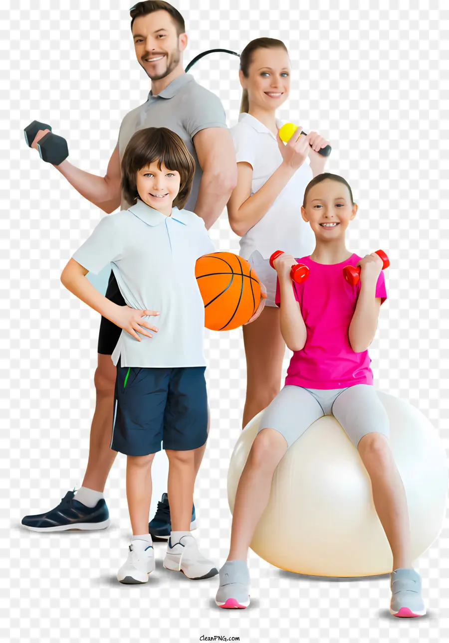Sportfamilienfitness -Übungsball Dumbbell Übungen gesundes Leben - Familie, die glücklich trainiert und Gesundheit und Freude fördert