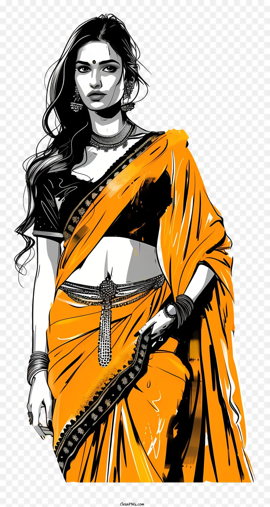 indische Saree Frau in Sari Orange Sari Braid Frisur Goldschmuck - Königliche Frau im Orangensari mit Fan