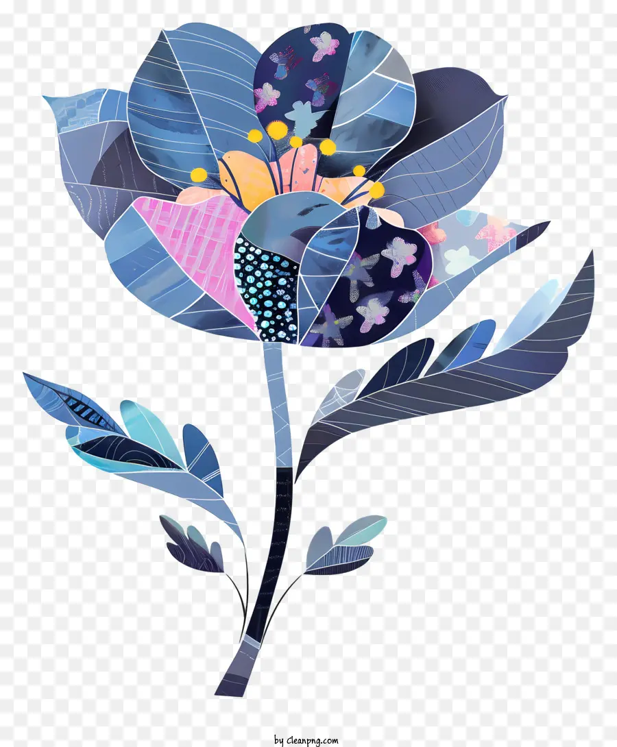 fiore blu - Fiore blu con centro rosa e foglie