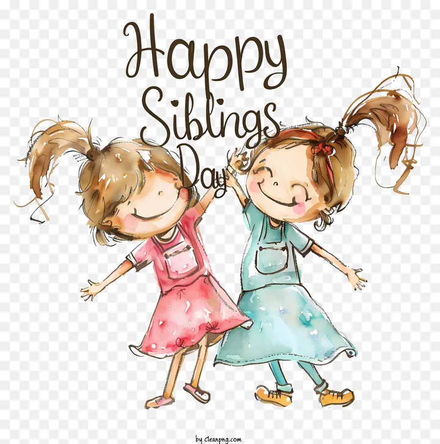Happy Geschwister Day Cartoon Illustration kleine Mädchen hell gefärbte Kleider tanzen - Zwei Mädchen tanzen glücklich in bunten Kleidern