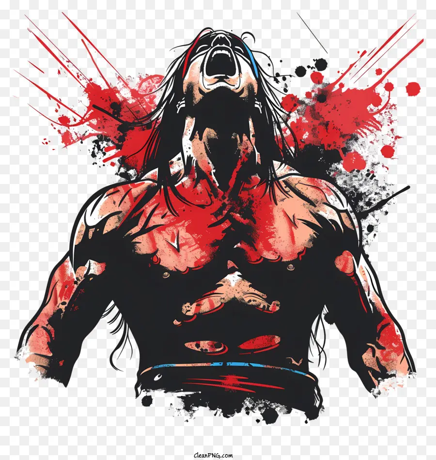 Wrestling Muscular Man Blood Splatters Emotion Intense Menacing Expression - Uomo muscoloso con schizzi di sangue ed espressione intensa