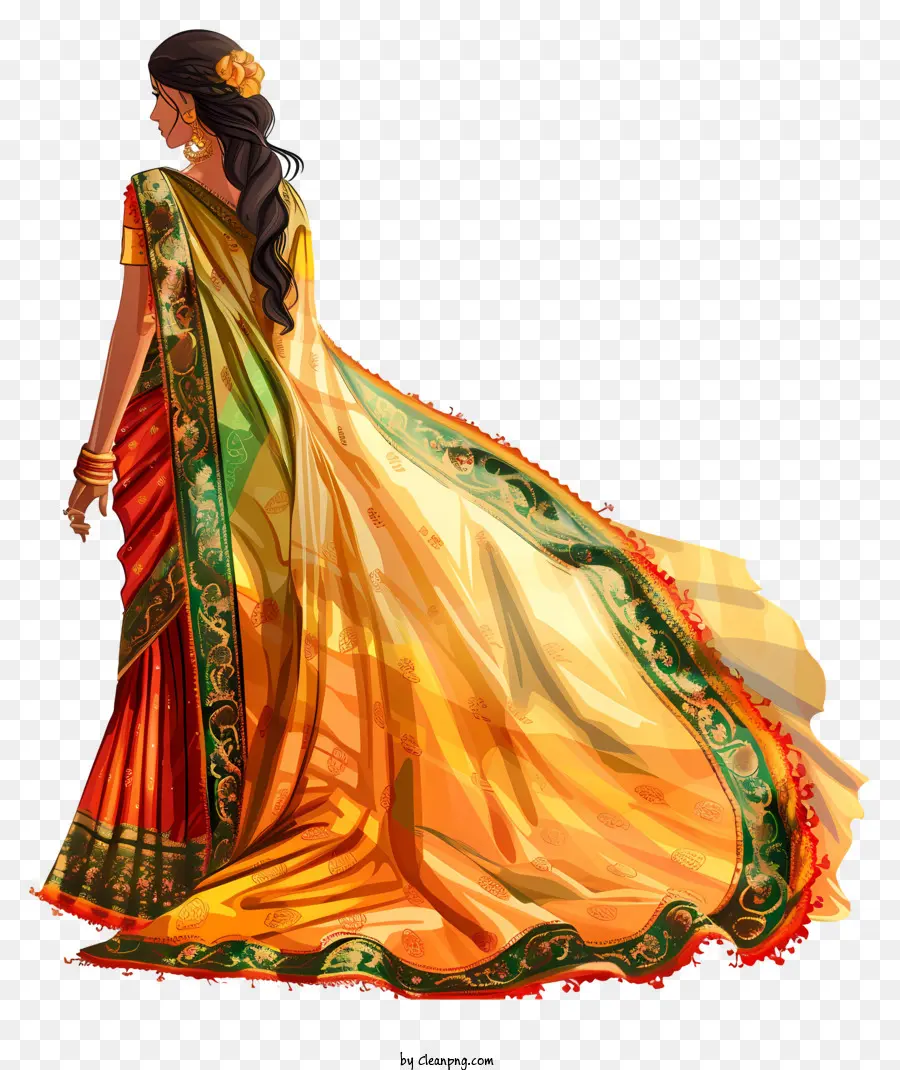 Indian Saree Indian Fashion Sari traditionelle Kleidung südasiatische Kleidung - Frau im farbenfrohen Sari blickt weg