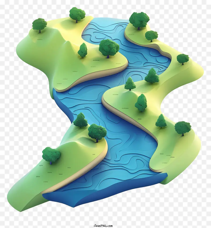 Flusslandschaftsbäume Natur grün - Cartoon River, der durch die ruhige grüne Landschaft fließt