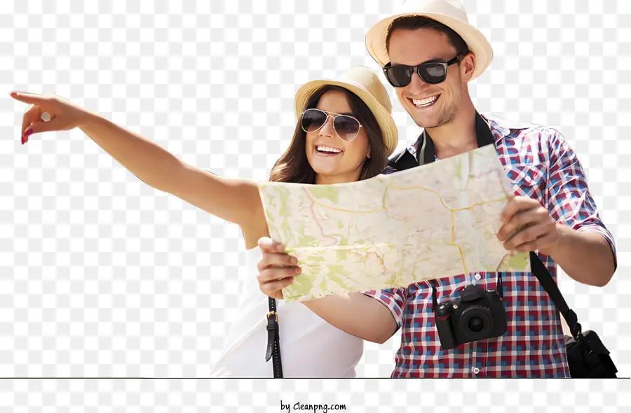 bicchieri - Uomo e donna che tiene la mappa, sorridendo insieme
