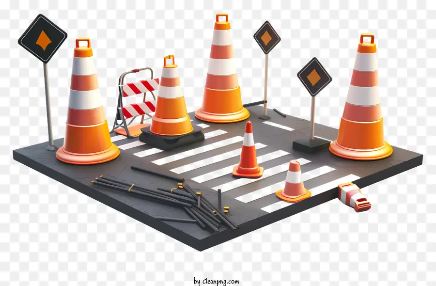Dấu hiệu cảnh báo - Công trường xây dựng đường với các hình nón và mảnh vụn giao thông