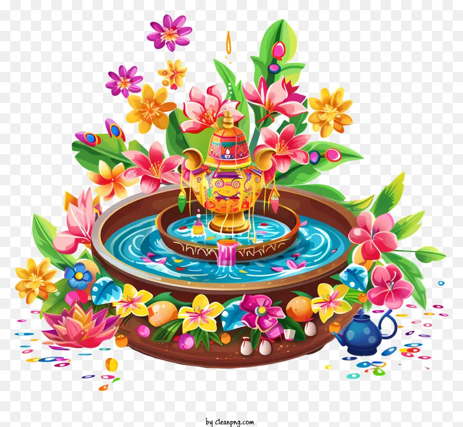 Songkran Fountain Flowers Garden Water - Fiori colorati che circondano la fontana luccicante con tempio
