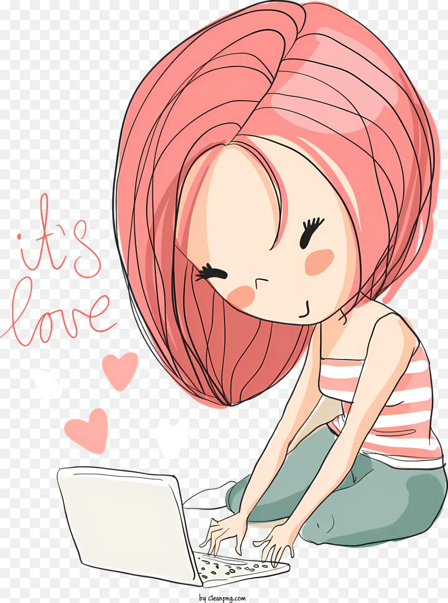 Donna femmina Laptop Pink Pink - Ragazza con tipi di capelli rosa sul laptop