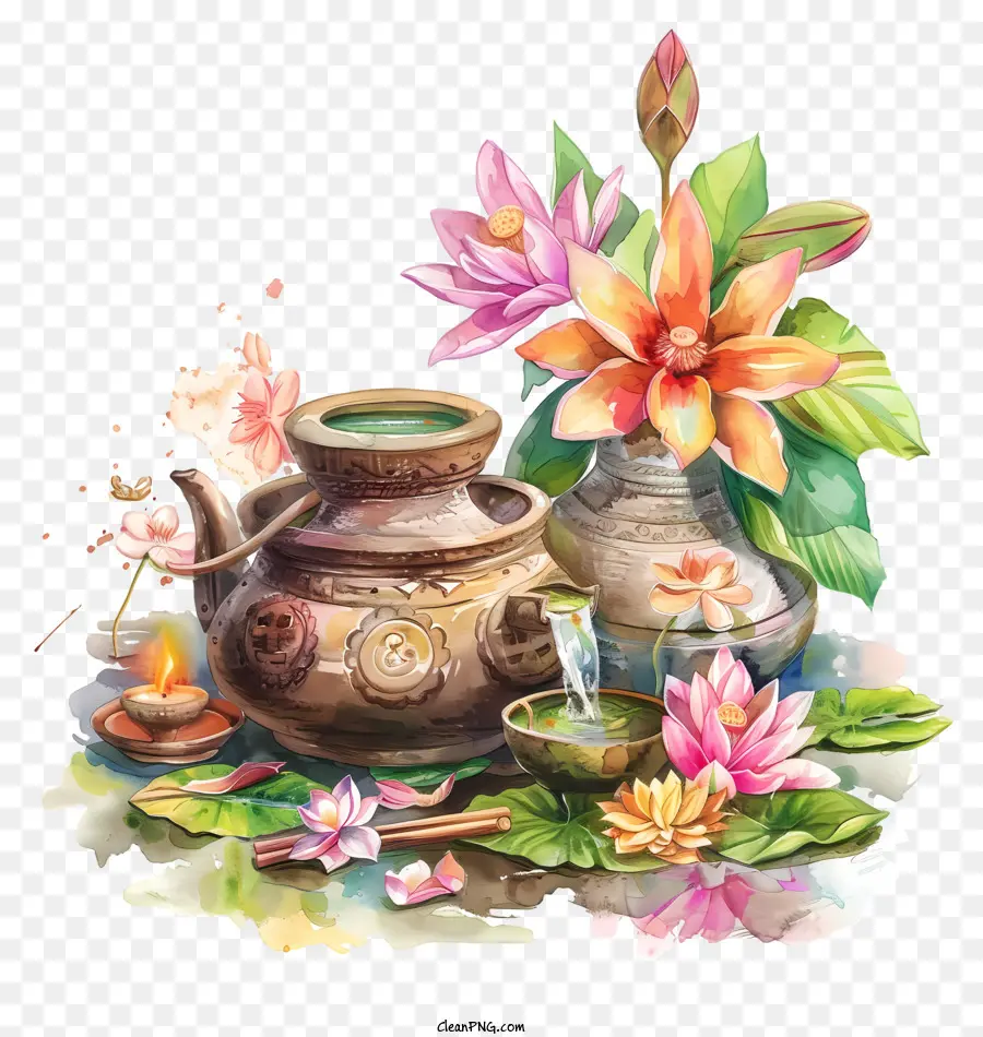 hoa hồng màu hồng - Chậu trà, trái cây, hoa trong bức tranh màu nước