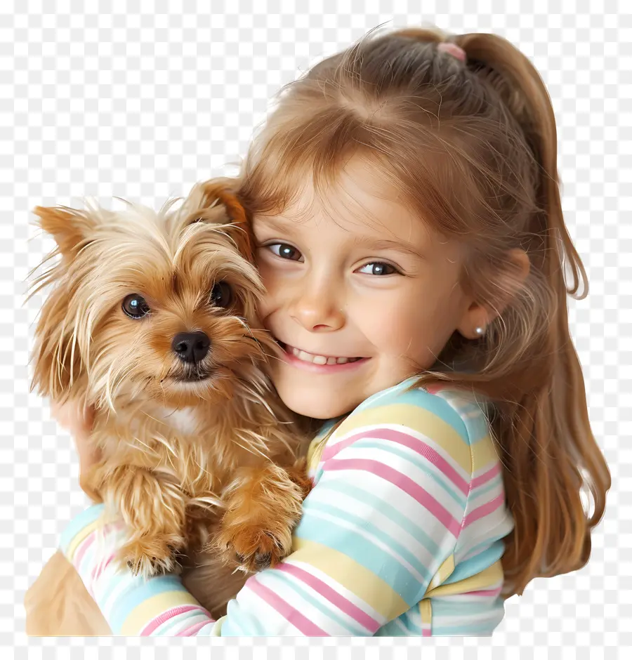 Kinder und Haustier junges Mädchen kleines Hund Mädchen lächeln freudiger Ausdruck - Junges Mädchen, das glücklich hält, glücklich, hält glücklich