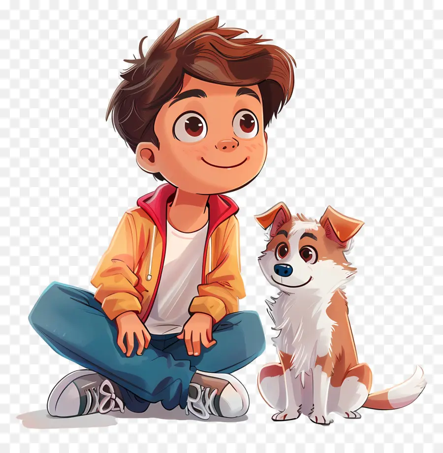 Kinder- und Haustierjunge Jacke Jeans - Junge sitzt mit Hund in Freizeitkleidung