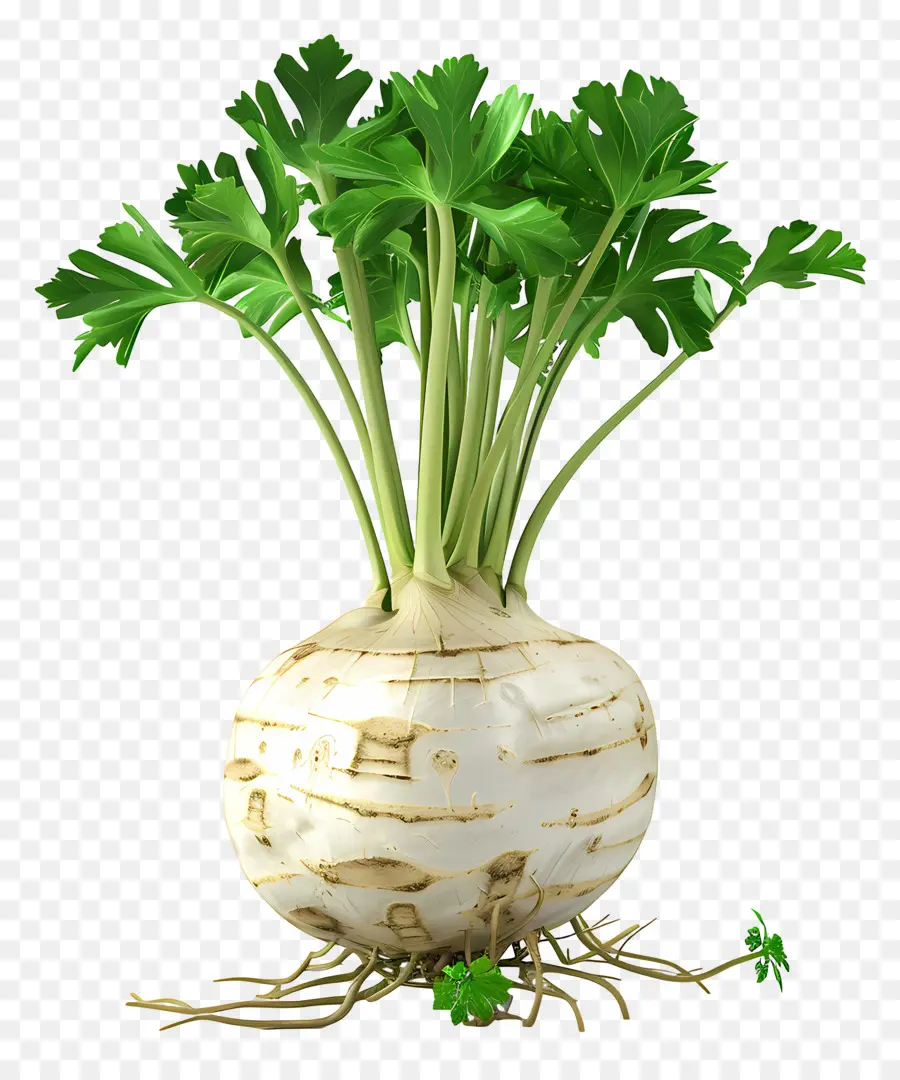celeriac turnip plant turnip roots green leaves white roots