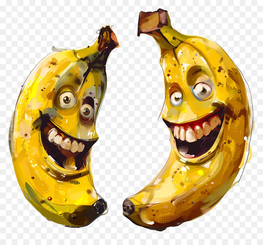 Banana Day Bananas Ghigning Faces Dipinge Fruit Art - Due banane sorridenti con tagli unici