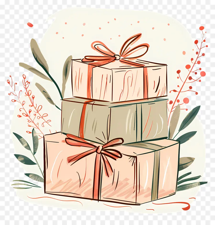 quà giáng sinh - Các món quà được xếp chồng lên nhau với nền và cây xanh