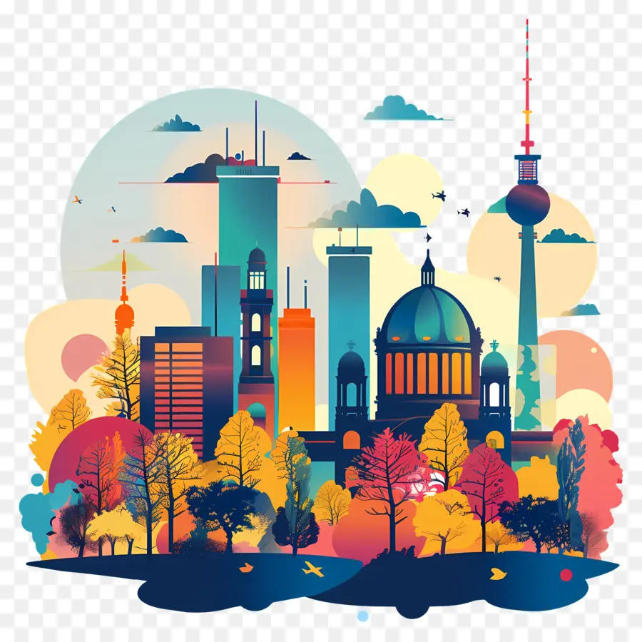 Berlin Citycape Skyscrapers River sôi động - Thành phố đầy màu sắc với các tòa nhà chọc trời, sông và cây