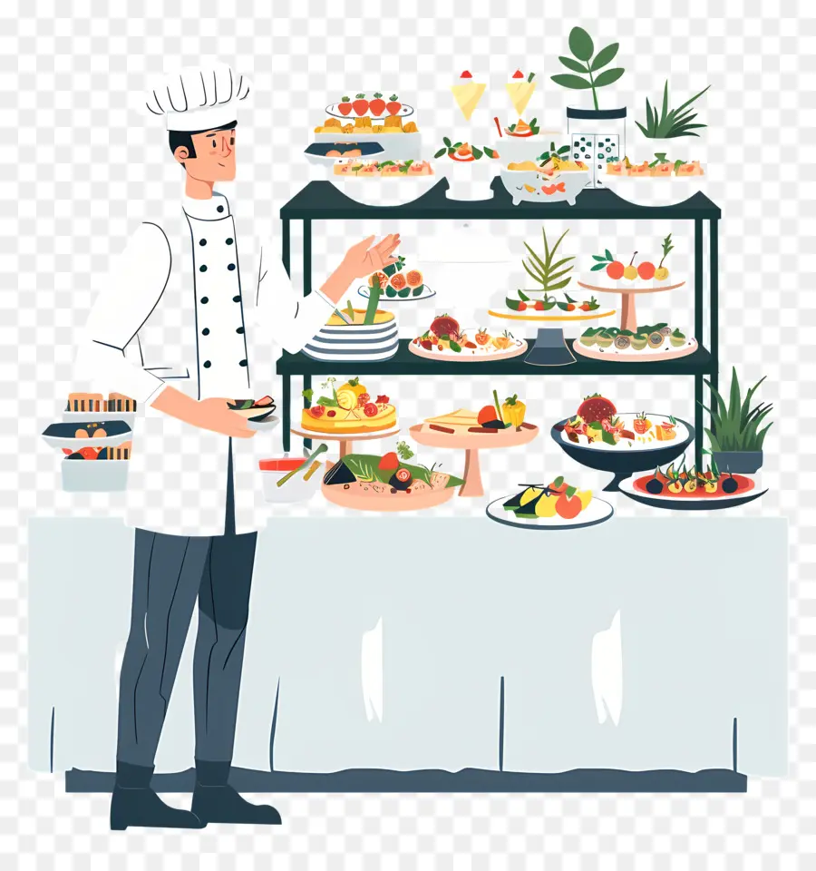 Catering per il ristorante cucinato a buffet chef - Chef in grembiule bianco che presenta il display alimentare