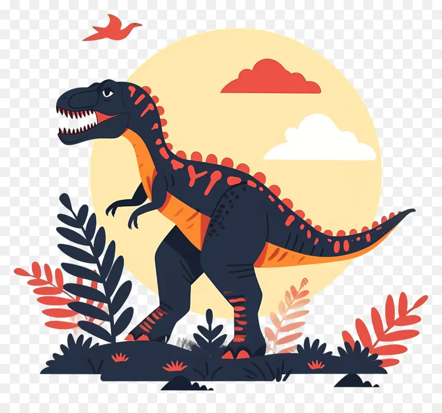 Dinosaurier - T-Rex im Wald mit Vogel, Pflanzen