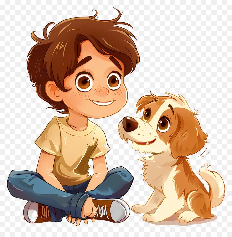 Kinder- und Haustierjunge und Hund Haustier Freundschaft Begleiterschaft - Junge und Hund teilen einen glücklichen Moment zusammen