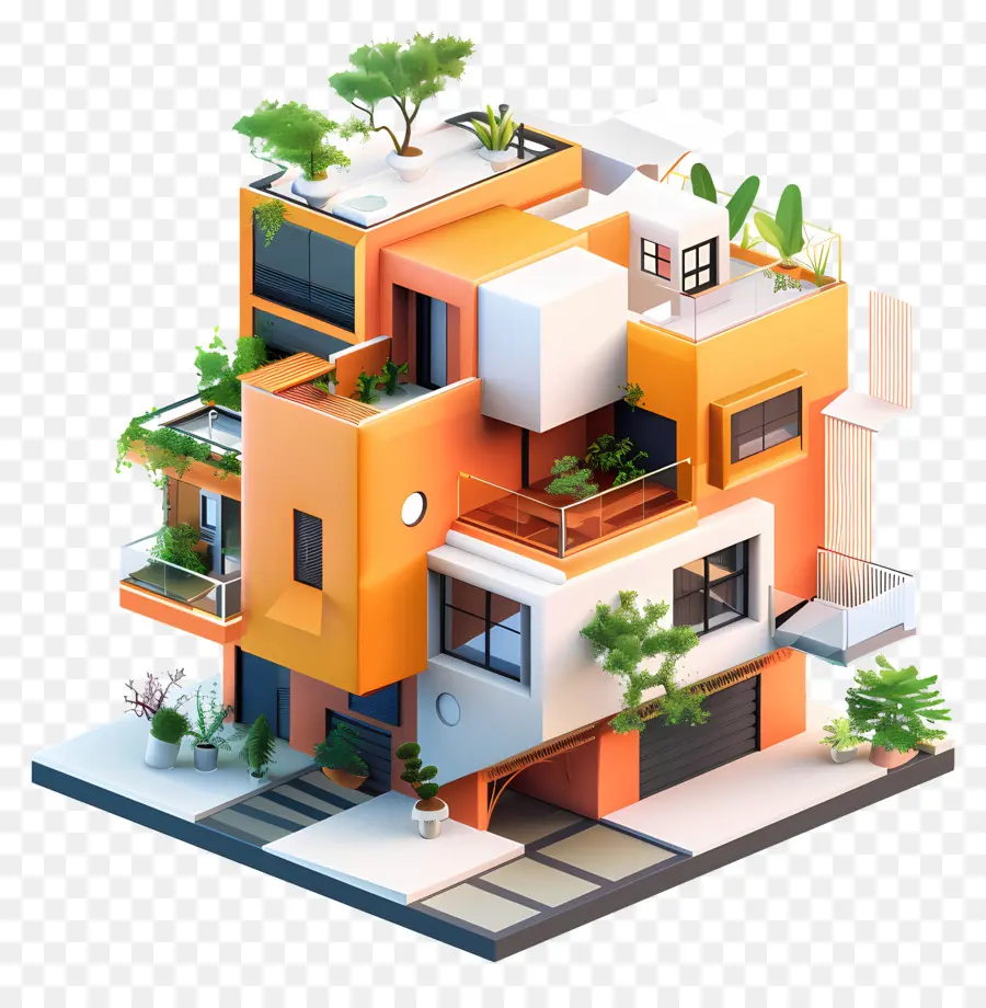 Bất động sản Kiến trúc hiện đại mô hình xây dựng 3D Nhà máy làm vườn đô thị - Tòa nhà màu cam hiện đại với thiết kế tương lai và cây xanh