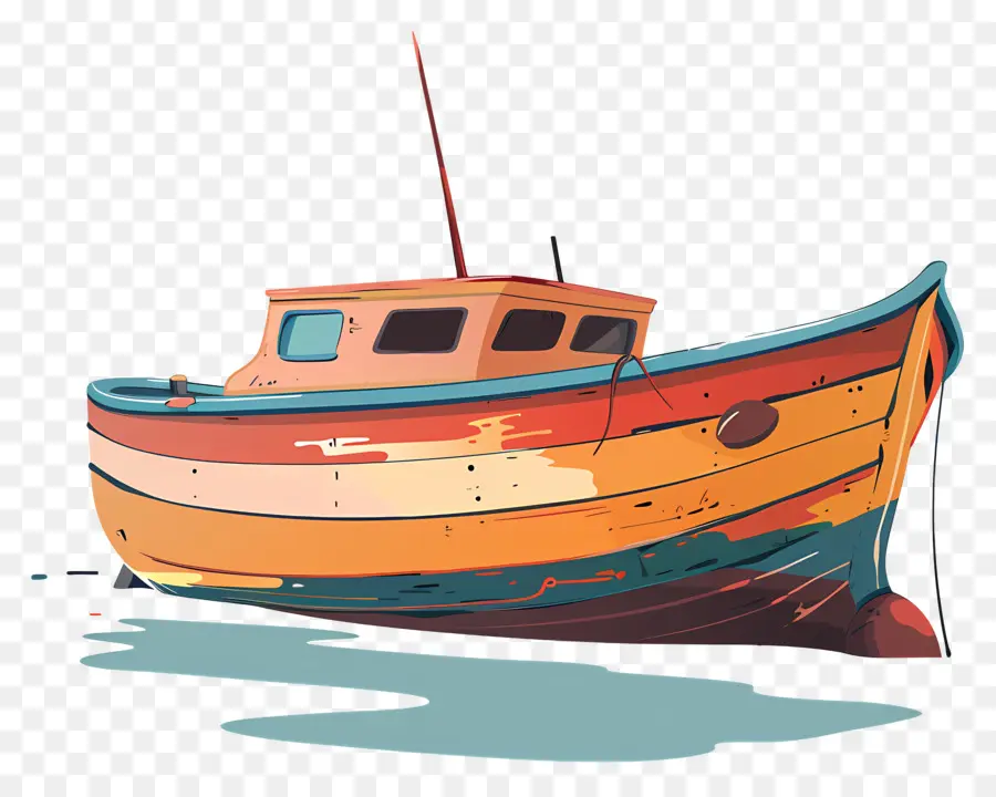 Boot Holzboot rot und grüner Rumpf ruhiges Wasserreflexion - Holzboot in ruhigem Wasser mit Reflexionen