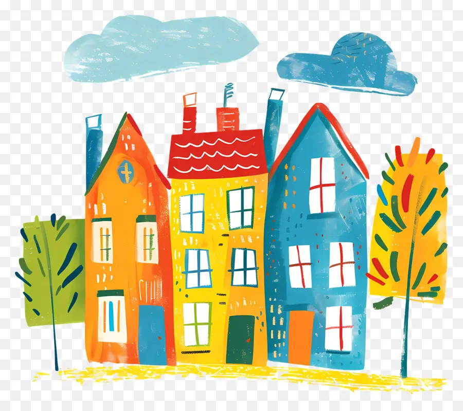 bất động sản nhà đầy màu sắc Sunny Day Cây xanh - Hàng đầy màu sắc của những ngôi nhà vào ngày nắng