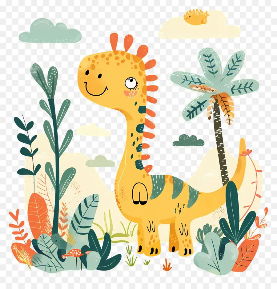 Dinosauri Cartoon Dinosaur Jungle Plants Trees - Simpatico dinosauro di cartone animato nella giungla colorata