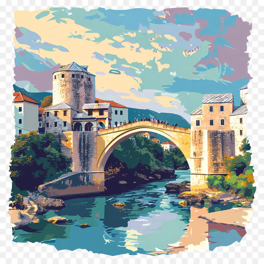 alte Brücke Mostar Bridge River Bogen Stein - Steinbrücke mit Bögen über den Fluss, Gebäude in der Nähe