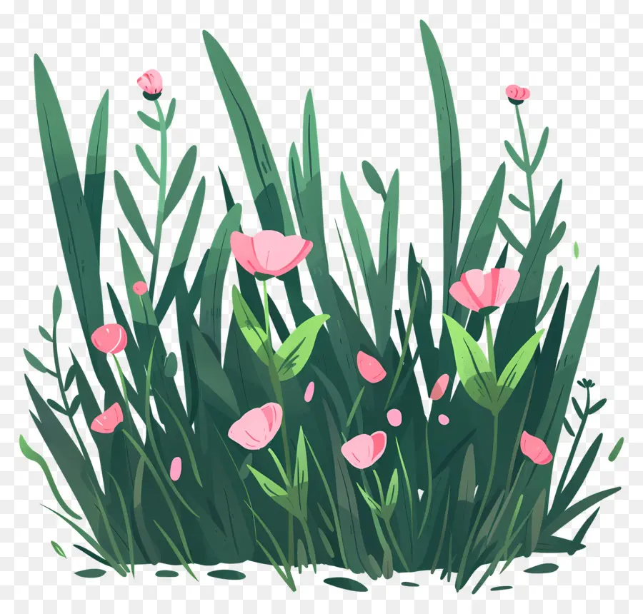 florales Design - Cartoonblüten, die in Wiese schwanken