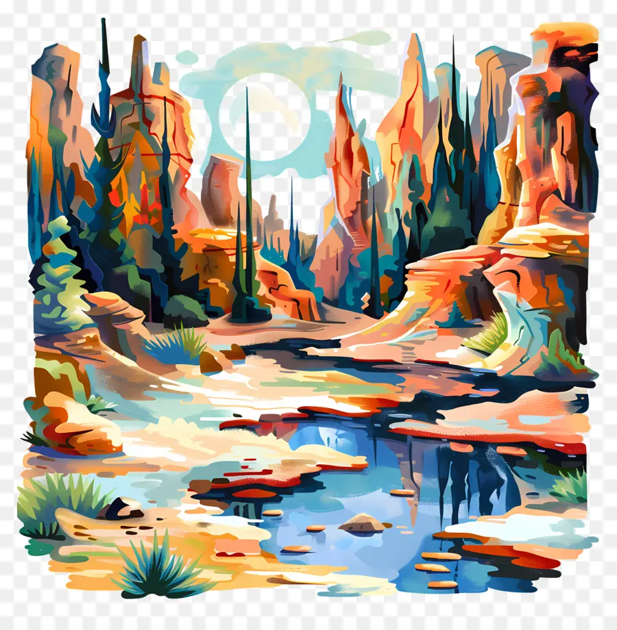paesaggio dipinto del deserto paesaggio formazione roccia alberi vegetazione - Paesaggio del deserto generato dal computer con flusso. 
Cielo