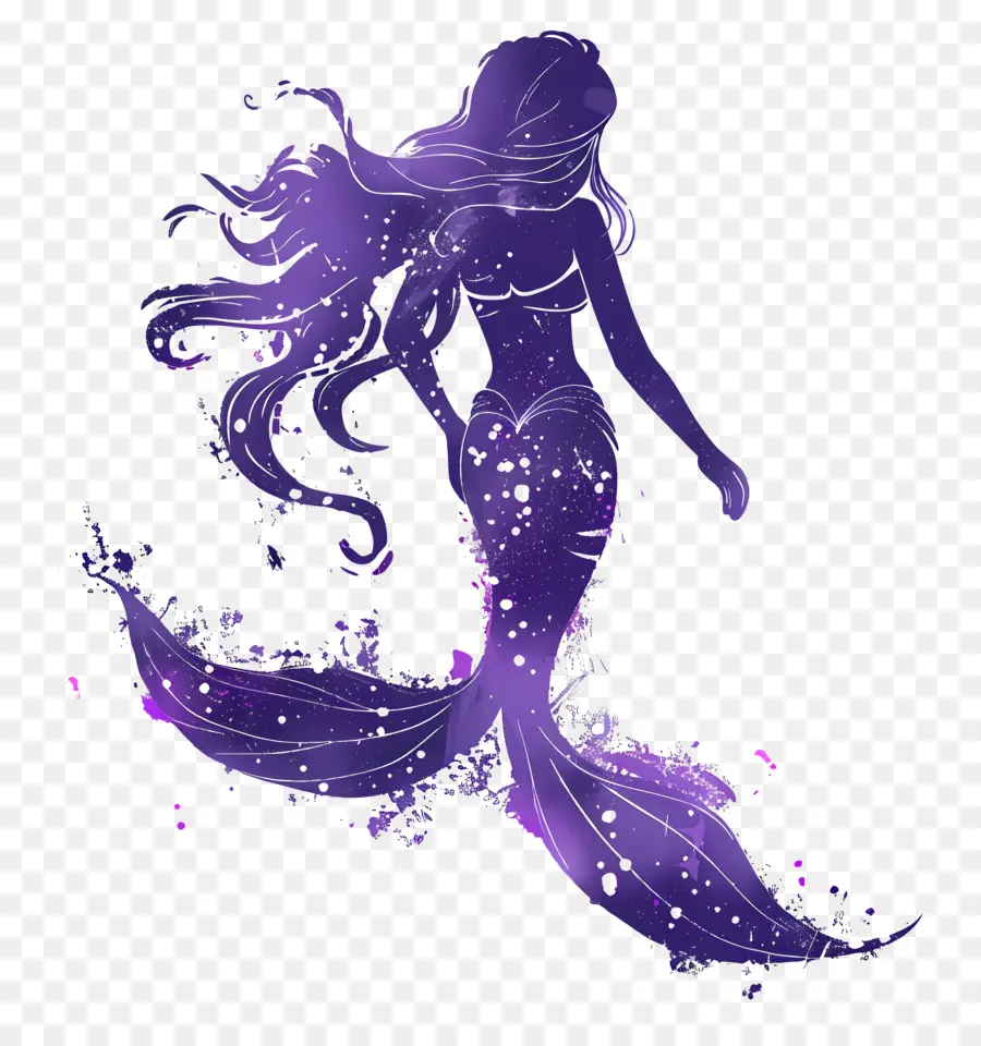 Silhouette Mermaid Purple Paint Splatters - Nàng tiên cá trong các mảnh vỡ sơn màu tím và trắng
