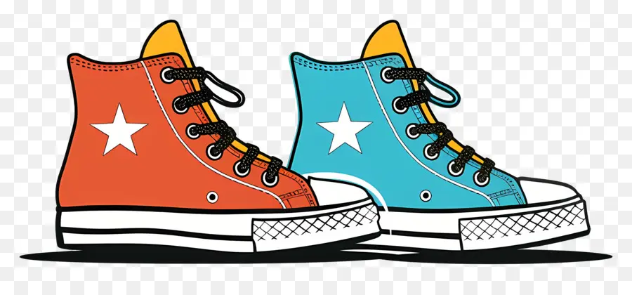 high top sneakers blue and orange shoes star laces light colored soles worn shoes