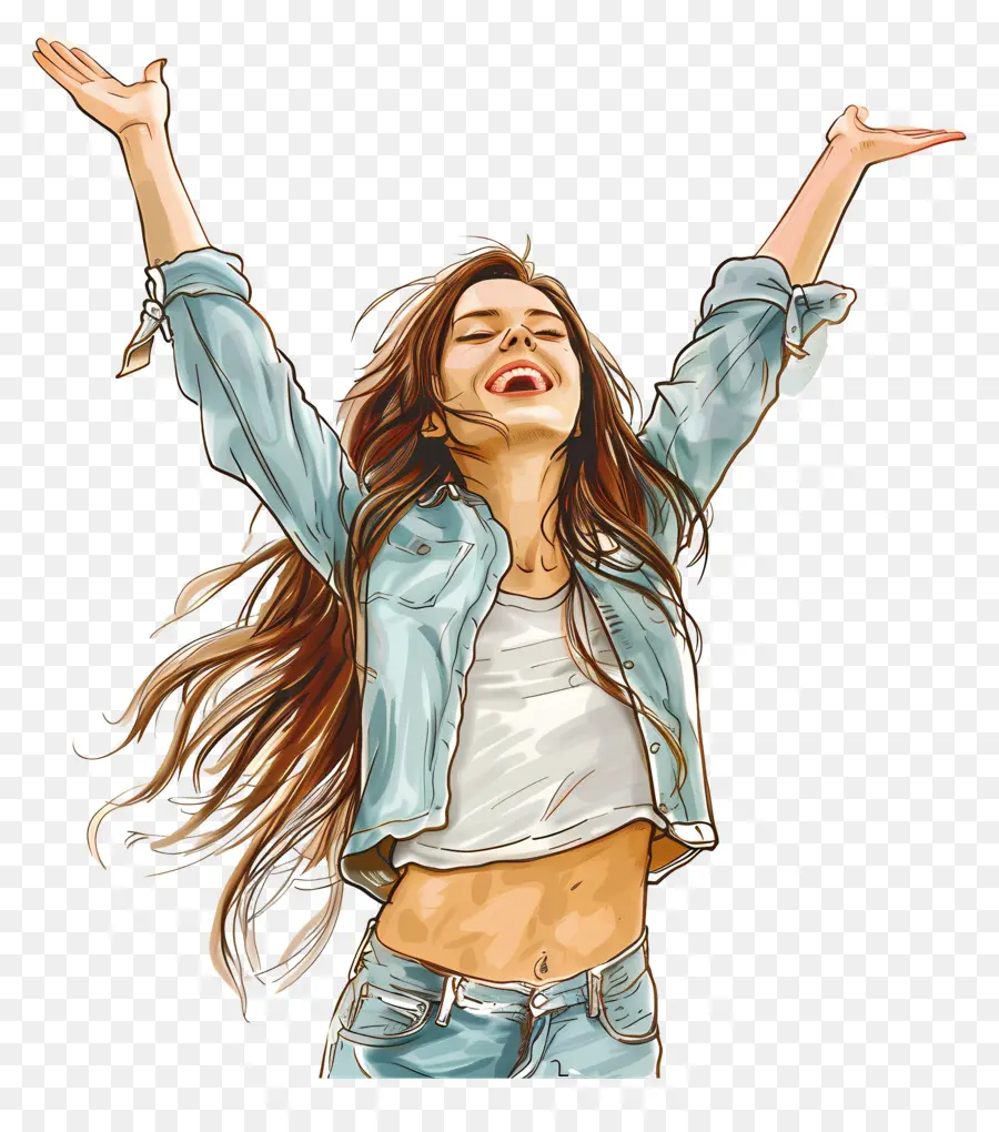donna gioia eccitazione arte digitale casual - Giovane donna con camicia di denim ride con gioia