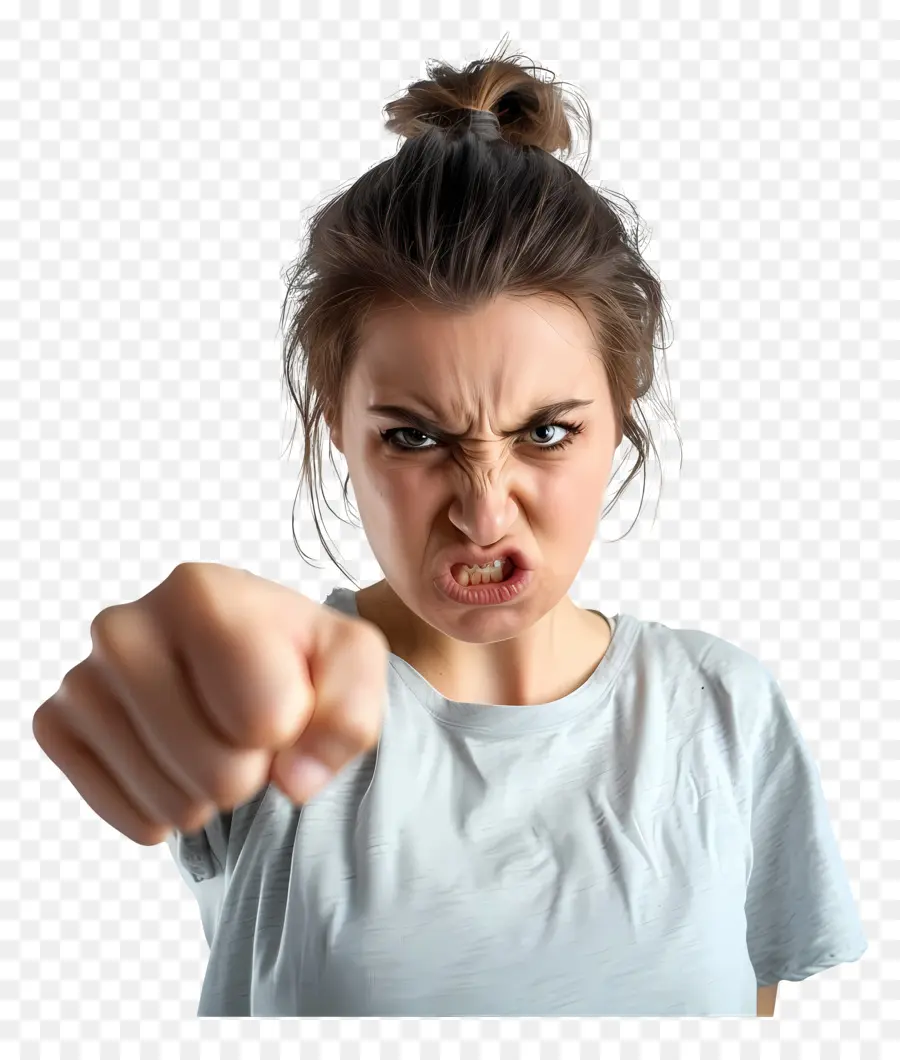 wütende Frau wütendes Mädchen zeigt Finger verrückt aus dem kurzen Haar - Wütendes Mädchen im grauen Hemd, das streng zeigt