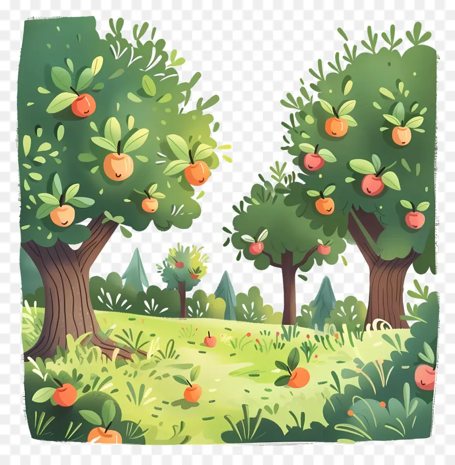 orchard green meadow apple trees ripe fruit serene environment