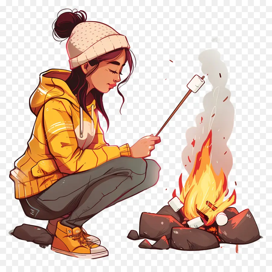 Frau braten Marshmallows Feuerstelle Kochen gelbe Jacke - Junge Frau röstet Marshmallows mit Feuerstelle