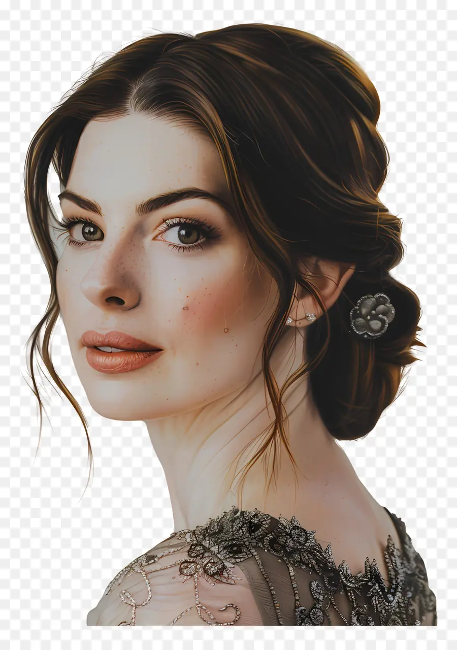 Anne Hathaway Elegant Kleid Hochsteckfrisur Große Augen dunkle Augenbrauen - Ernsthafte Frau im eleganten Kleid, die Kamera betrachtet