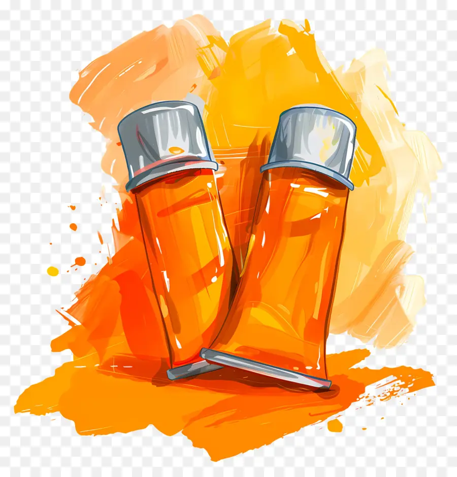 Farbe Röhren Farbe Dosen Orange Farbe Silber Farbe verschüttete Farbe verschüttet - Verschüttete Kunst von Orangen- und Silberfarben Kunstkunst