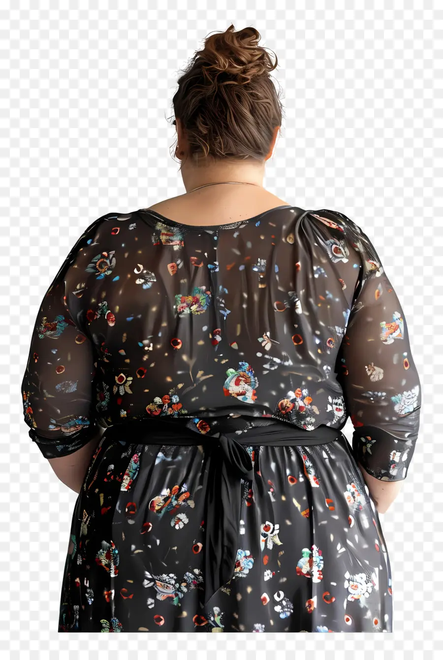 fat woman black dress floral patterns black shoes deep v-neckline