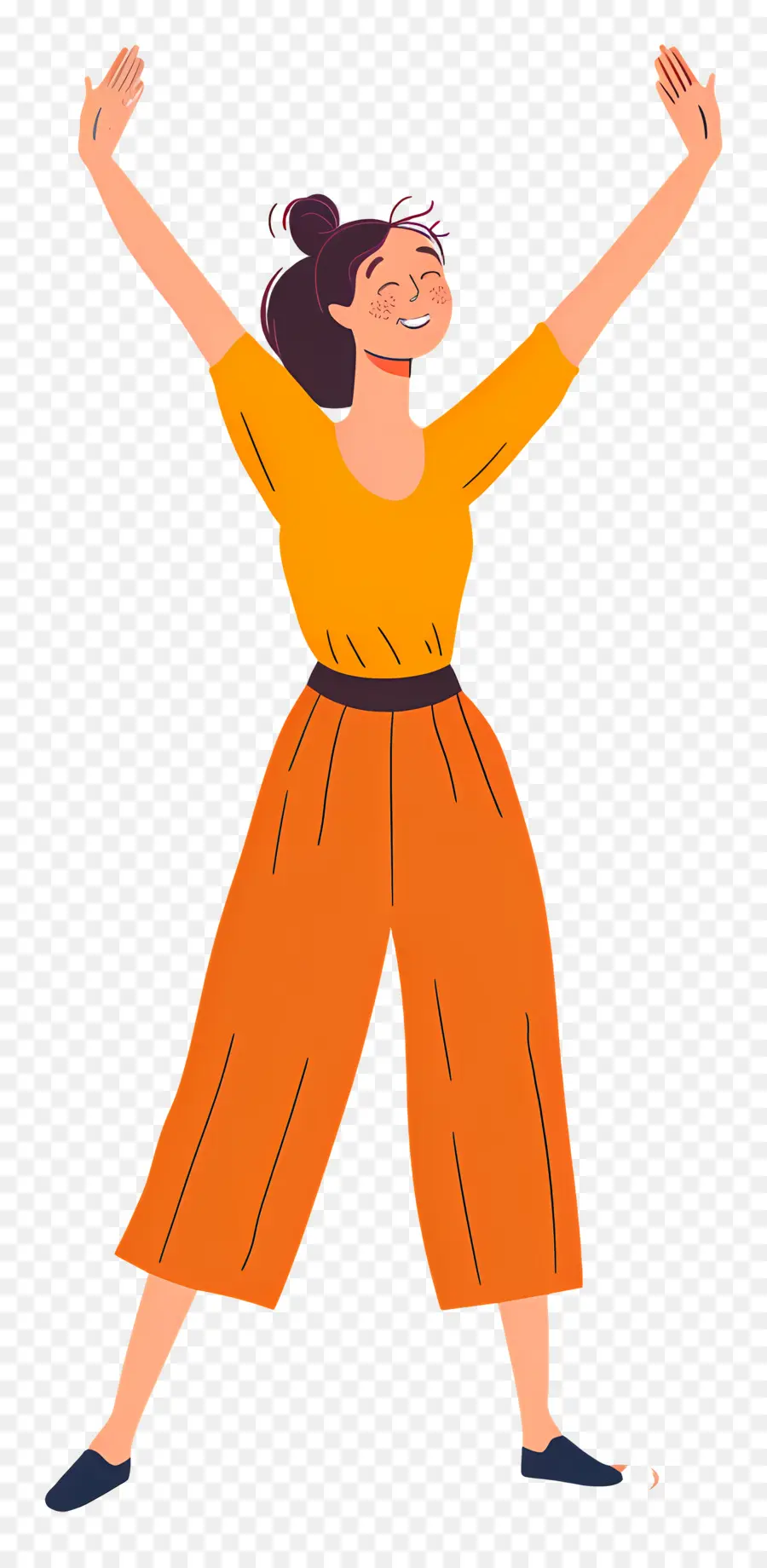 Frau Cartoon Orange Overall Arme erhöhten Beine verschränkt - Cartoonfrau im orangefarbenen Overall mit angehobenen Armen