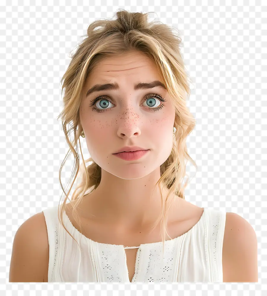 Enttäuschte Frau Verwirrung Überraschung Frau Blaue Augen - Verwirrte Frau im weißen Kleid sieht überrascht aus