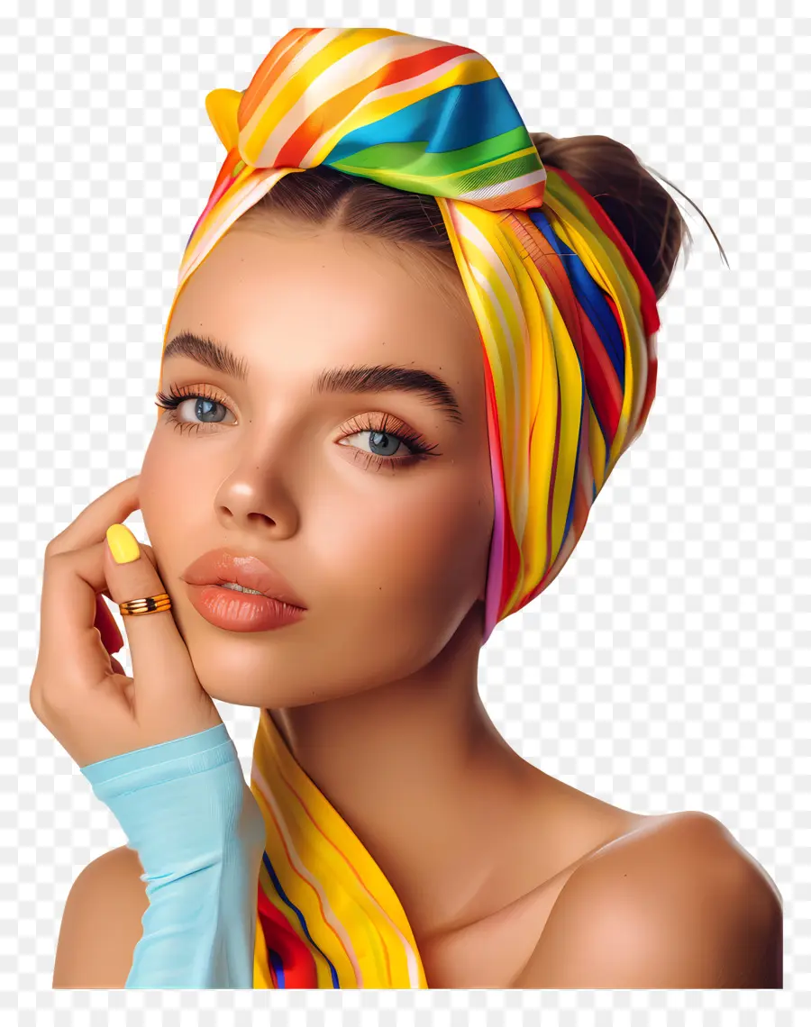 Modell Kopftuch farbenfrohe lächelnd schön - Lächelnde Frau mit farbenfrohen Kopftuch und lockigem Haar