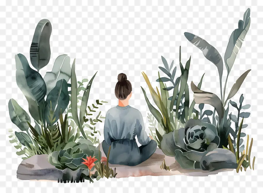 Garten Meditationstag Meditation Dschungel Gelassenheit Entspannung - Frau meditiert in üppiger Dschungellandschaft