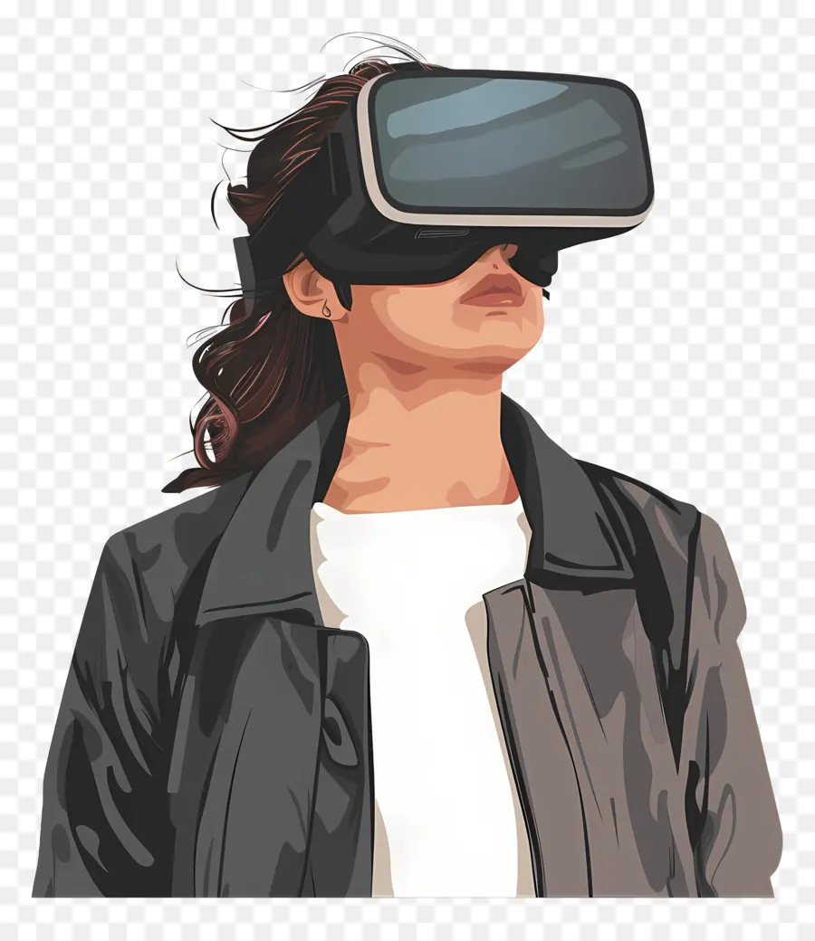 Frau Virtual Reality Jacke Blauer Hintergrund ernsthafter Ausdruck - Ernsthafte Frau in VR -Brillen mit Reflexion