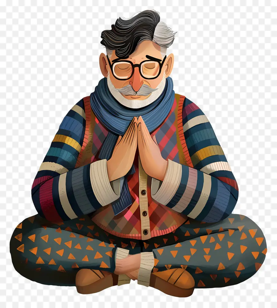 Brille - Cartoon -Charakter älterer Menschen, der meditativ betet