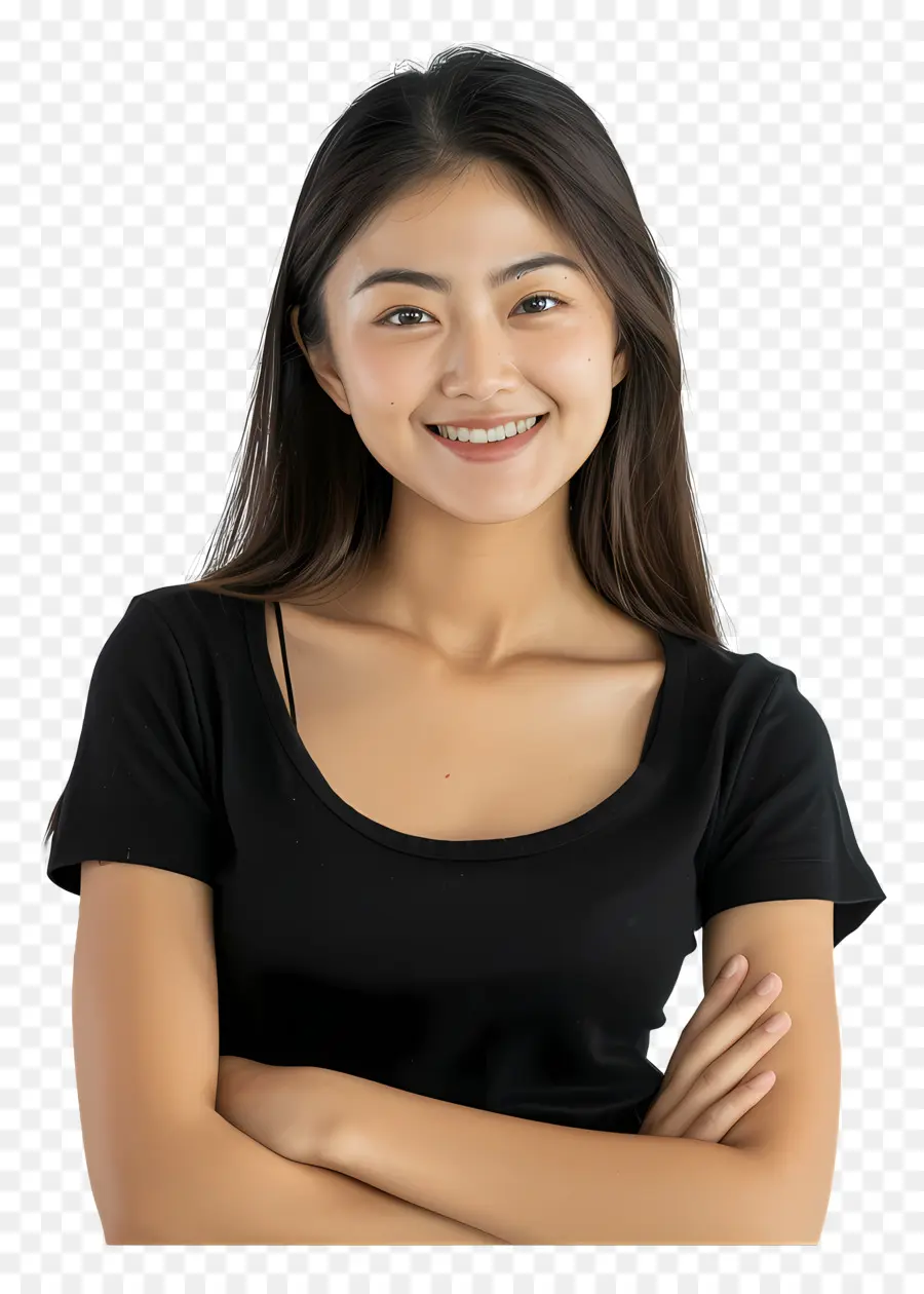 Model Frau Schwarzes Hemd lächelnde Arme verschränkt - Lächelnde Frau in verschwommenem schwarzem Hemd